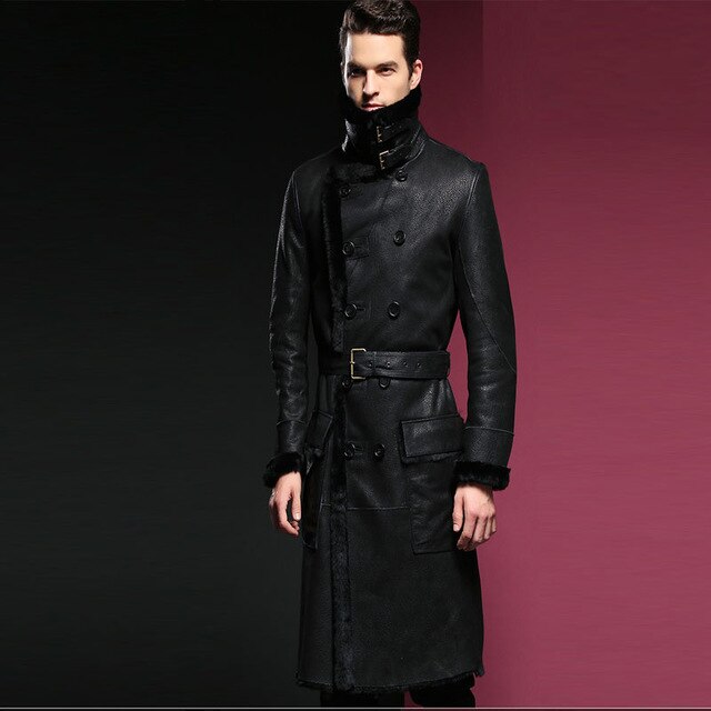 Long Leather Jacket,Mandarin Collar,Sheepskin,Coat Male,Leather Jacket Men,Mens Leather Jacket