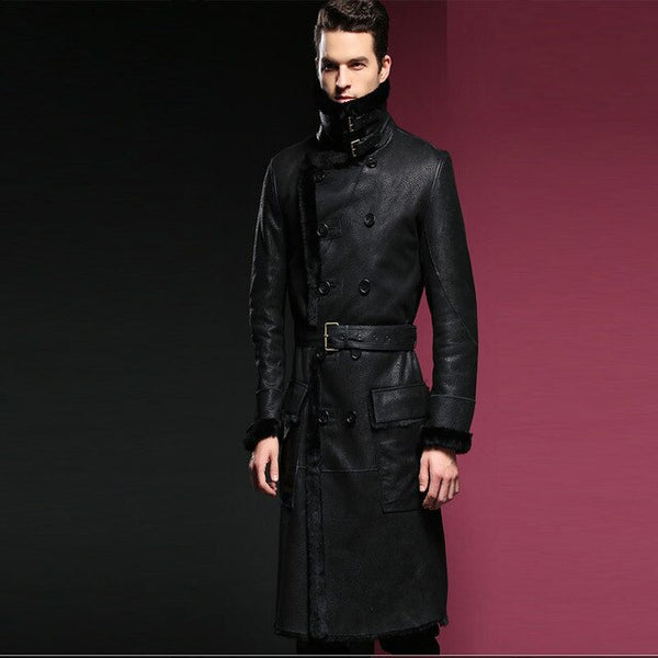 Long Leather Jacket,Mandarin Collar,Sheepskin,Coat Male,Leather Jacket Men,Mens Leather Jacket