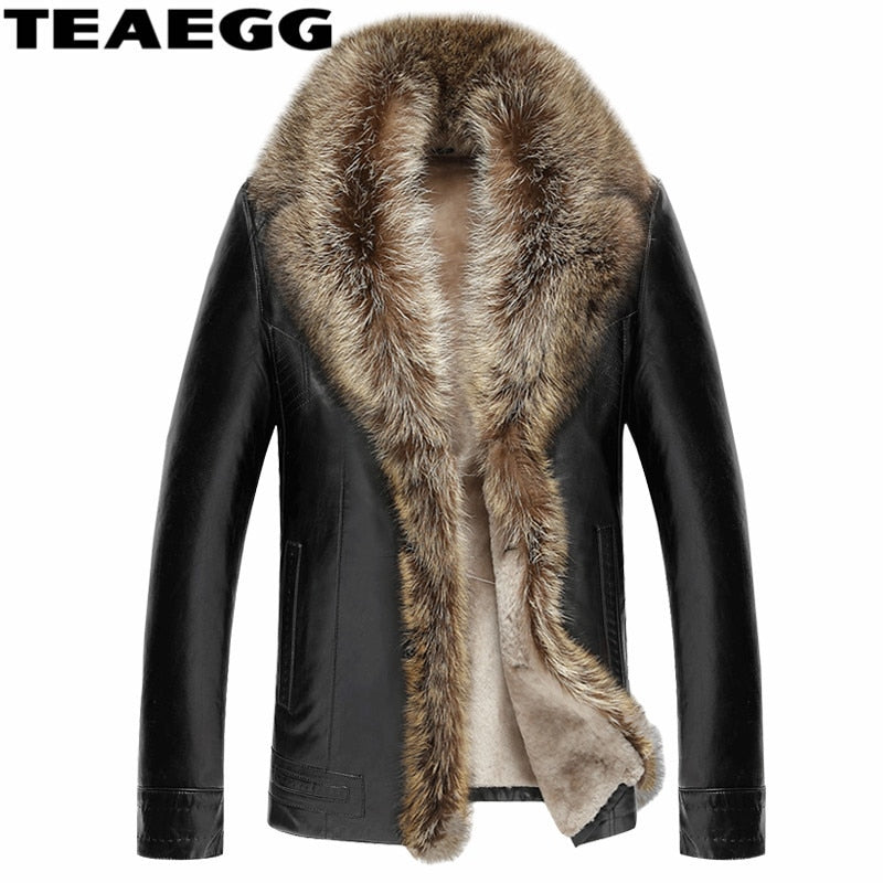 TEAEGG Luxury Man Leather Jacket Coat Real Raccoon Fur Collar Faux Sheep Skin Men's Winter Male Leather Jacket Man Clothes AL132