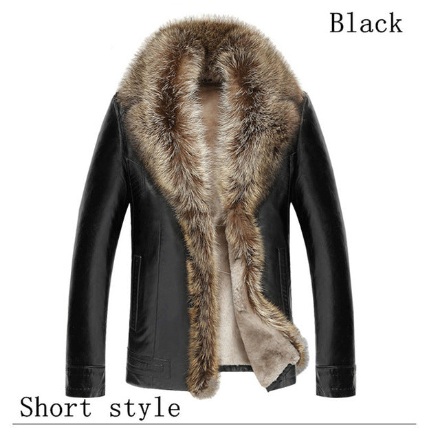 TEAEGG Luxury Man Leather Jacket Coat Real Raccoon Fur Collar Faux Sheep Skin Men's Winter Male Leather Jacket Man Clothes AL132