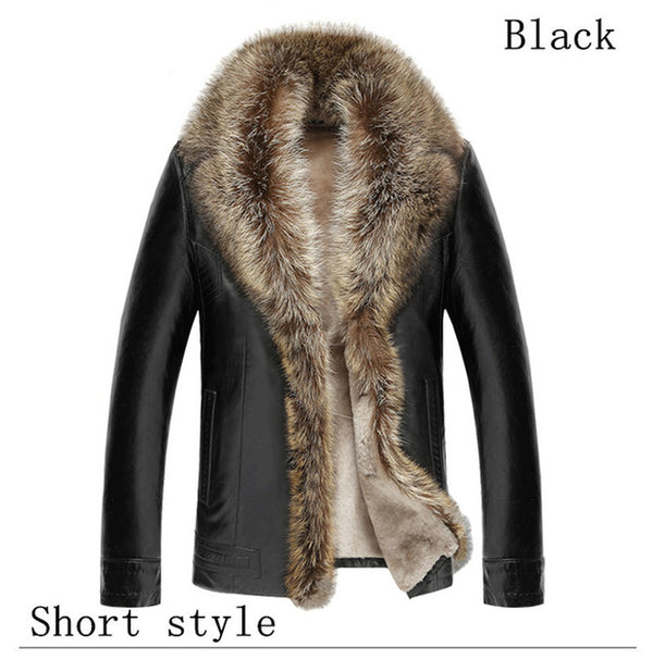 TEAEGG Luxury Man Leather Jacket Coat Real Raccoon Fur Collar Faux Sheep Skin Men's Winter Male Leather Jacket Man Clothes AL132