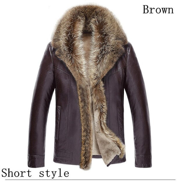 TEAEGG Luxury Man Leather Jacket Coat Real Raccoon Fur Collar Faux Sheep Skin Men's Winter Male Leather Jacket Man Clothes AL132