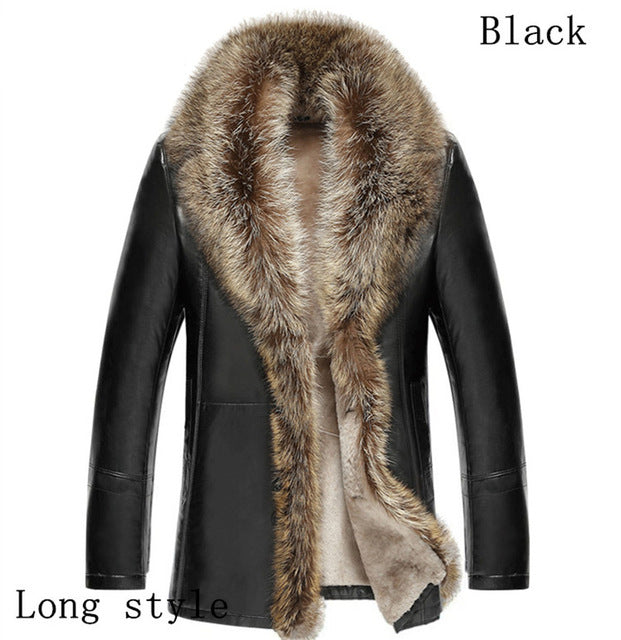TEAEGG Luxury Man Leather Jacket Coat Real Raccoon Fur Collar Faux Sheep Skin Men's Winter Male Leather Jacket Man Clothes AL132