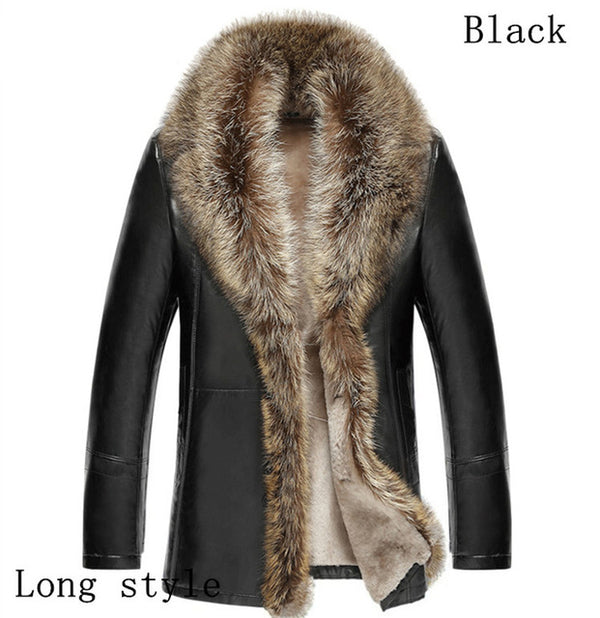TEAEGG Luxury Man Leather Jacket Coat Real Raccoon Fur Collar Faux Sheep Skin Men's Winter Male Leather Jacket Man Clothes AL132