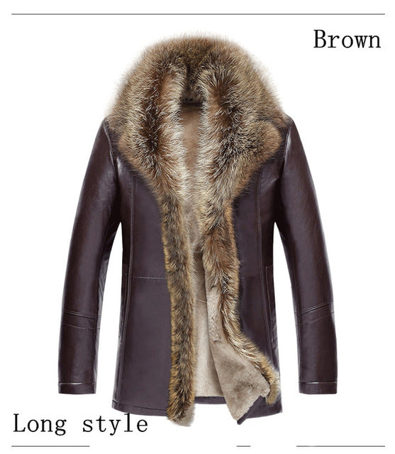 TEAEGG Luxury Man Leather Jacket Coat Real Raccoon Fur Collar Faux Sheep Skin Men's Winter Male Leather Jacket Man Clothes AL132