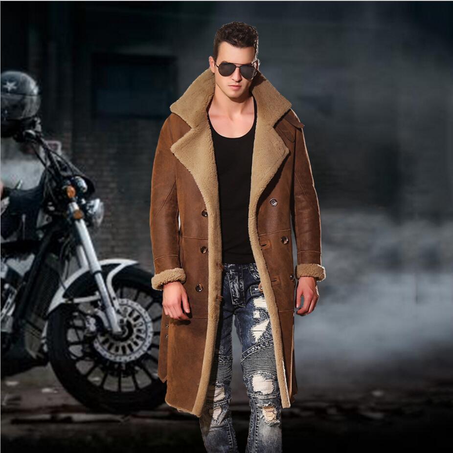 M-4XL Winter fur one leather trench men natural Real sheepskin windbreaker long fur long coats luxury over the Knee Fur jacket