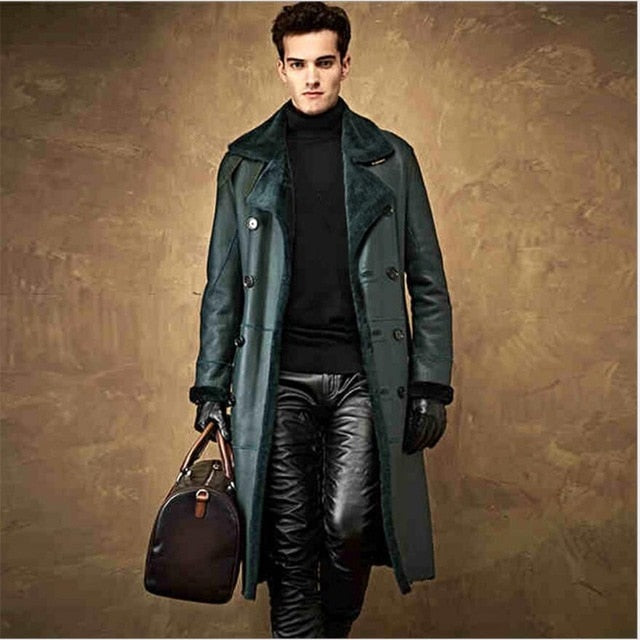 M-4XL Winter fur one leather trench men natural Real sheepskin windbreaker long fur long coats luxury over the Knee Fur jacket