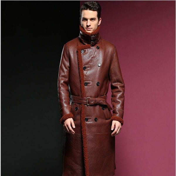 M-4XL Winter fur one leather trench men natural Real sheepskin windbreaker long fur long coats luxury over the Knee Fur jacket