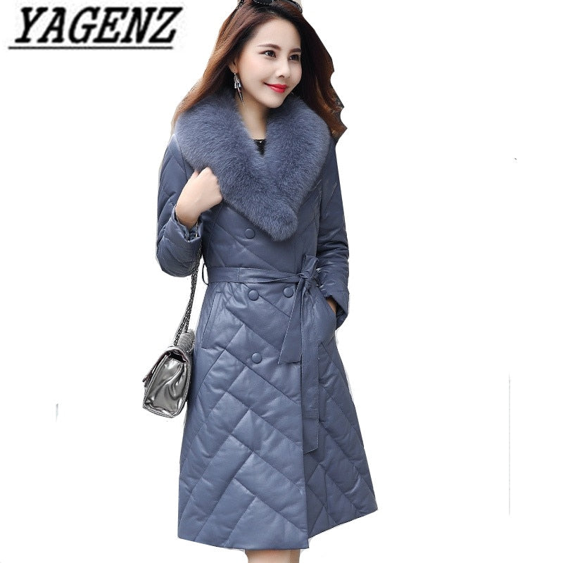 High grade Fox fur Down Women Jacket coats 2018 New Fashion Slim Belt Warm Long Leather jacket Female Casual Overcoat Plus size