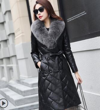 High grade Fox fur Down Women Jacket coats 2018 New Fashion Slim Belt Warm Long Leather jacket Female Casual Overcoat Plus size