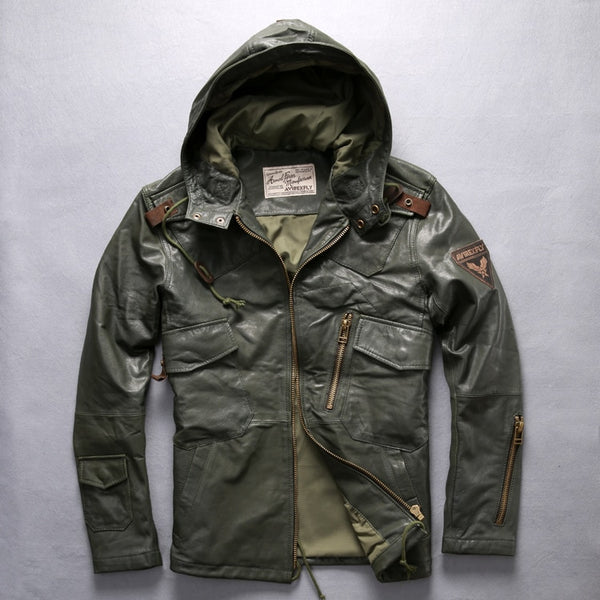 AVIREXFLY 2018  Long hooded leather jacket men flight jacket brown Genuine cowskin Slim Fit Casual Russian Leather Coats M-XXXL