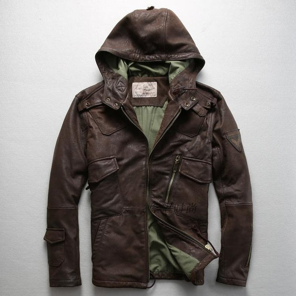 AVIREXFLY 2018  Long hooded leather jacket men flight jacket brown Genuine cowskin Slim Fit Casual Russian Leather Coats M-XXXL