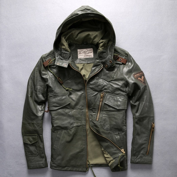 AVIREXFLY 2018  Long hooded leather jacket men flight jacket brown Genuine cowskin Slim Fit Casual Russian Leather Coats M-XXXL