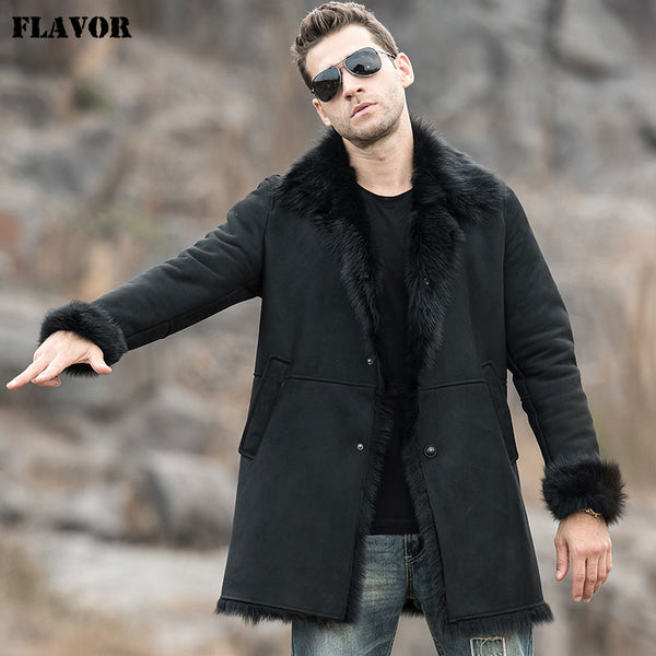 FLAVOR Men's Real Leather Jacket Genuine Shearling Trench Coat Winter Warm Long Coat Men