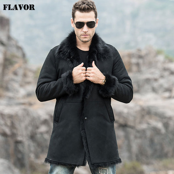FLAVOR Men's Real Leather Jacket Genuine Shearling Trench Coat Winter Warm Long Coat Men