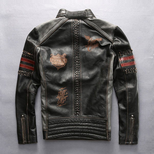 Read Description! Asian size Genuine motor biker jacket slim quality leather jacket cowhide embroidery mans leather jacket