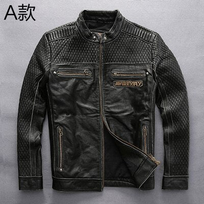 Read Description! Asian size Genuine motor biker jacket slim quality leather jacket cowhide embroidery mans leather jacket