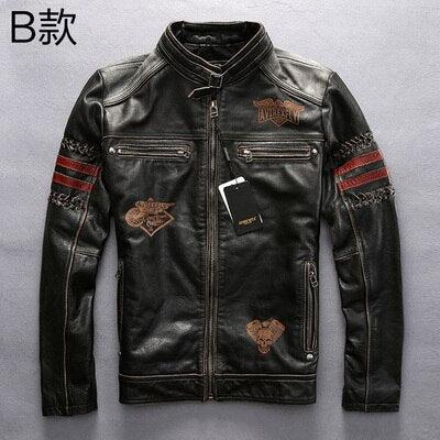 Read Description! Asian size Genuine motor biker jacket slim quality leather jacket cowhide embroidery mans leather jacket