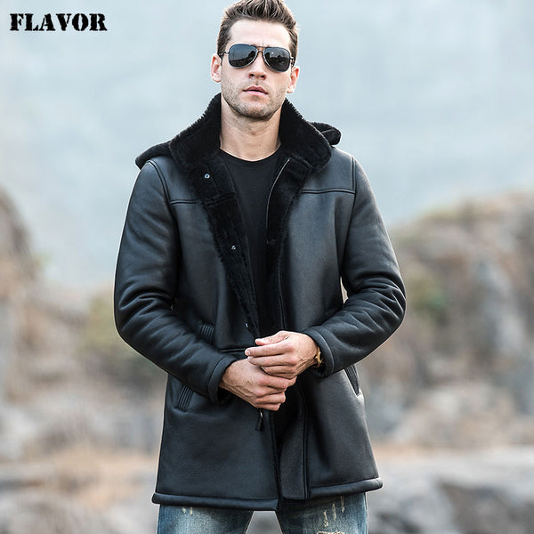 FLAVOR Men's Real Leather Jacket Men Genuine Shearling  Trench Coat with Hood Winter Warm Coat