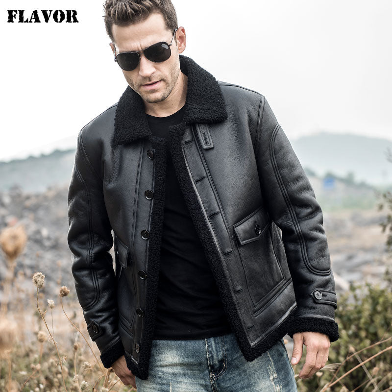 FLAVOR Men's Real Leather Jacket Men Genuine Shearling Coat with Button Closure Winter Warm Coat