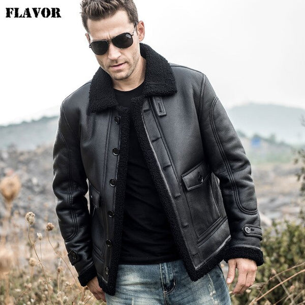 FLAVOR Men's Real Leather Jacket Men Genuine Shearling Coat with Button Closure Winter Warm Coat