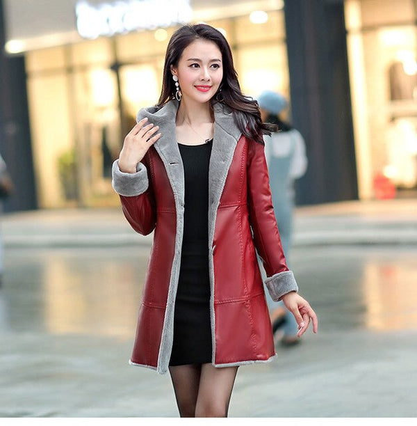 L-7XL Lagr size Women outwear winter leather jacket Plus velvet thick warm overcoat fashion wool liner sheep leather coat ER77