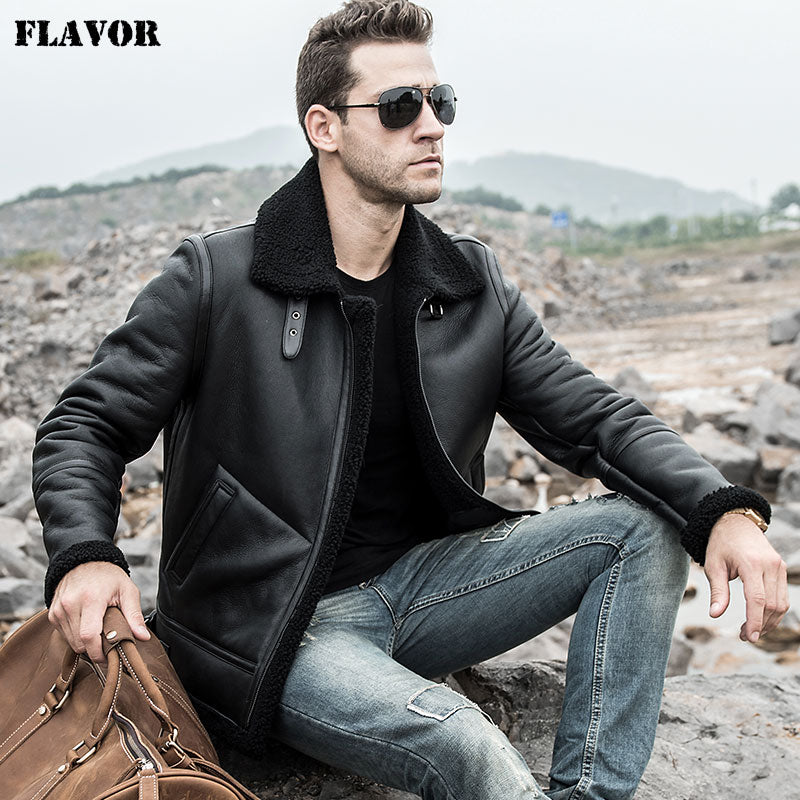 FLAVOR Men's Real Leather Jacket Men Genuine Shearling Coat with Turn-Down Collar Winter Warm Coat