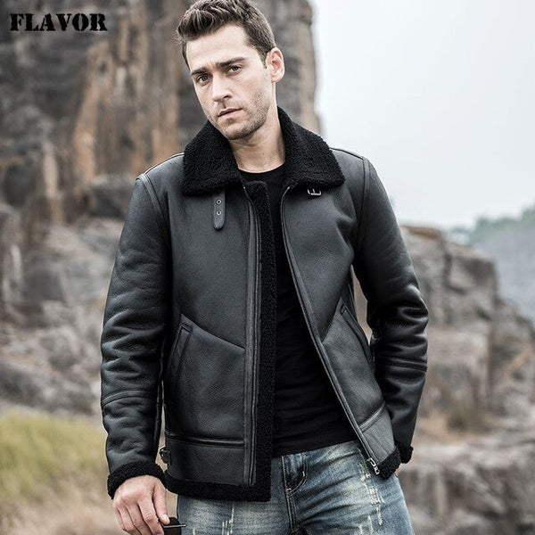 FLAVOR Men's Real Leather Jacket Men Genuine Shearling Coat with Turn-Down Collar Winter Warm Coat
