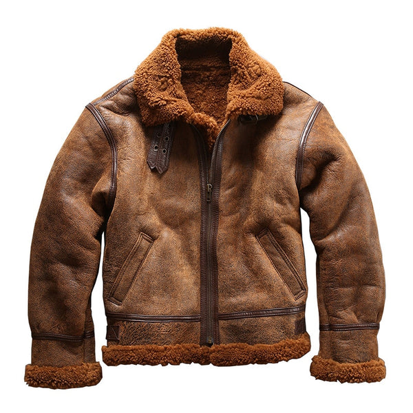 european size high quality super warm genuine sheep leather jacket mens big size B3 shearling bomber military pilot fur jacket