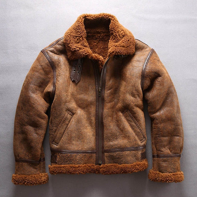 european size high quality super warm genuine sheep leather jacket mens big size B3 shearling bomber military pilot fur jacket