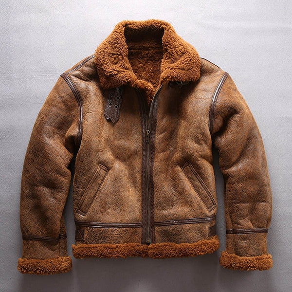 european size high quality super warm genuine sheep leather jacket mens big size B3 shearling bomber military pilot fur jacket