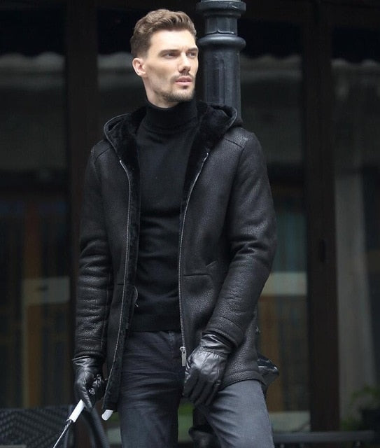 Original ecological fur one men's leather jacket Hooded large size genuine leather coat Men Winter long slim sheepskin jackets