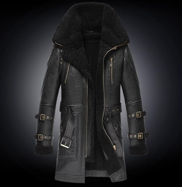 Men Winter Thicker Fur one Leather Coat Men's Double Collar Long Sheepskin Leather Jacket High-end Genuine Leather Outwear coats