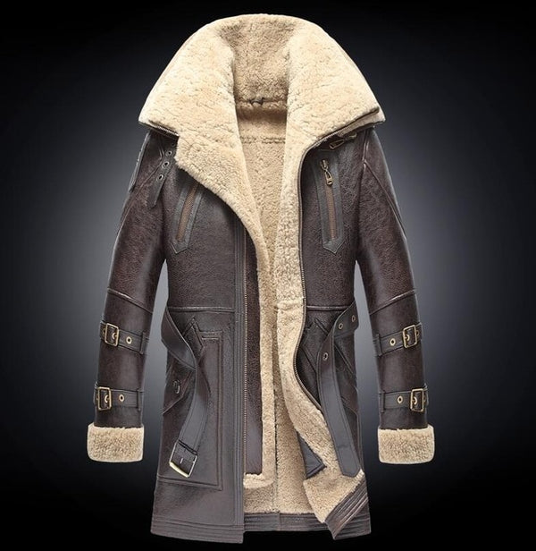 Men Winter Thicker Fur one Leather Coat Men's Double Collar Long Sheepskin Leather Jacket High-end Genuine Leather Outwear coats