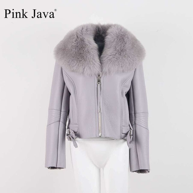 QIUCHEN PJ8088 FreeShipping Merino Sheep Fur women Coat Fashion Silm Whoole Big Genuine Fox Fur Collar Jacket Pu Leather Zipper