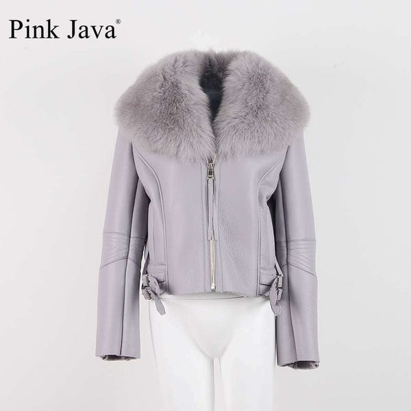 QIUCHEN PJ8088 FreeShipping Merino Sheep Fur women Coat Fashion Silm Whoole Big Genuine Fox Fur Collar Jacket Pu Leather Zipper