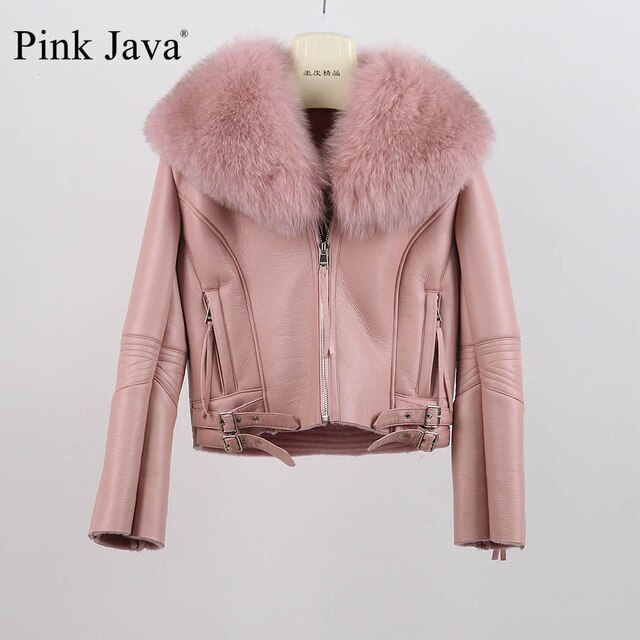 QIUCHEN PJ8088 FreeShipping Merino Sheep Fur women Coat Fashion Silm Whoole Big Genuine Fox Fur Collar Jacket Pu Leather Zipper