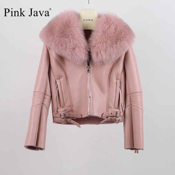 QIUCHEN PJ8088 FreeShipping Merino Sheep Fur women Coat Fashion Silm Whoole Big Genuine Fox Fur Collar Jacket Pu Leather Zipper