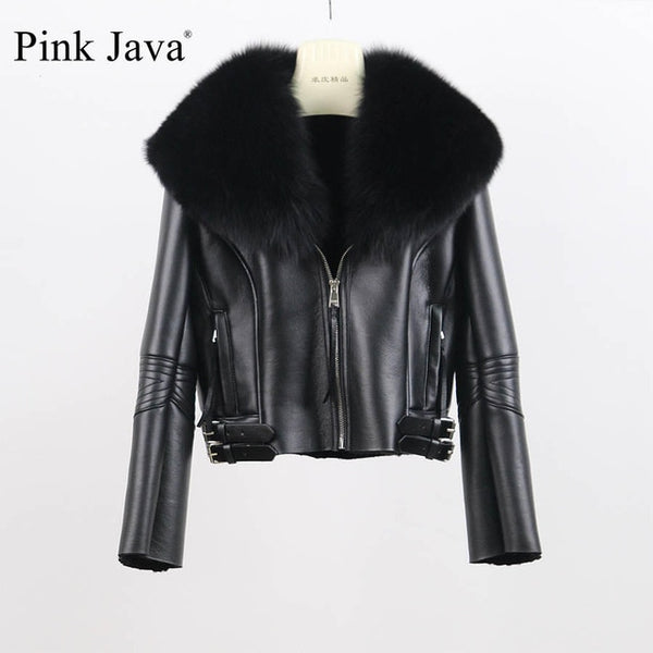 QIUCHEN PJ8088 FreeShipping Merino Sheep Fur women Coat Fashion Silm Whoole Big Genuine Fox Fur Collar Jacket Pu Leather Zipper