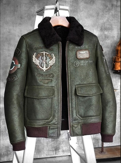B6 airborne soldier badge series New Leather Flight Jacket High quality Fur one Men Genuine Leather Jacket Embroidered Fur Coat