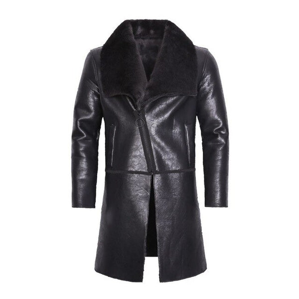 Italy Men Winter Fur Lining Long Style Motorcycle Jacket Business Casual Faux Fur Collar Warm Outwear Coats Pu Leather Jackets