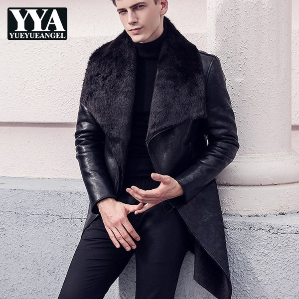 Italy Men Winter Fur Lining Long Style Motorcycle Jacket Business Casual Faux Fur Collar Warm Outwear Coats Pu Leather Jackets