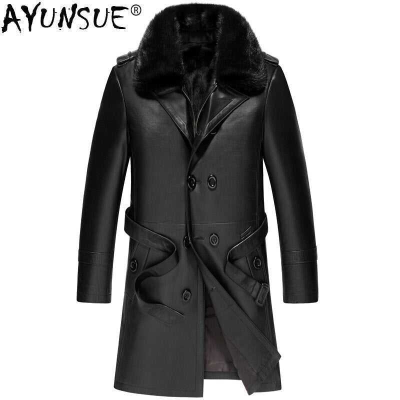 AYUNSUE Genuine Sheepskin Leather Jacket Winter Jacket Men Wolf Fur Liner Long Coats Mink Fur Collar Clothes LSY088317 MY1141