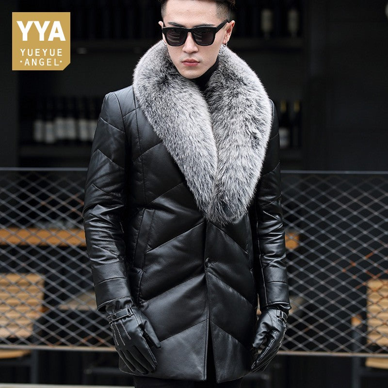 High Street Winter Mens Fur Coat Real Sheepskin Leather Jacket With Fur Collar Warm Men Jackets Motorcycle Hot Jaqueta Masculina
