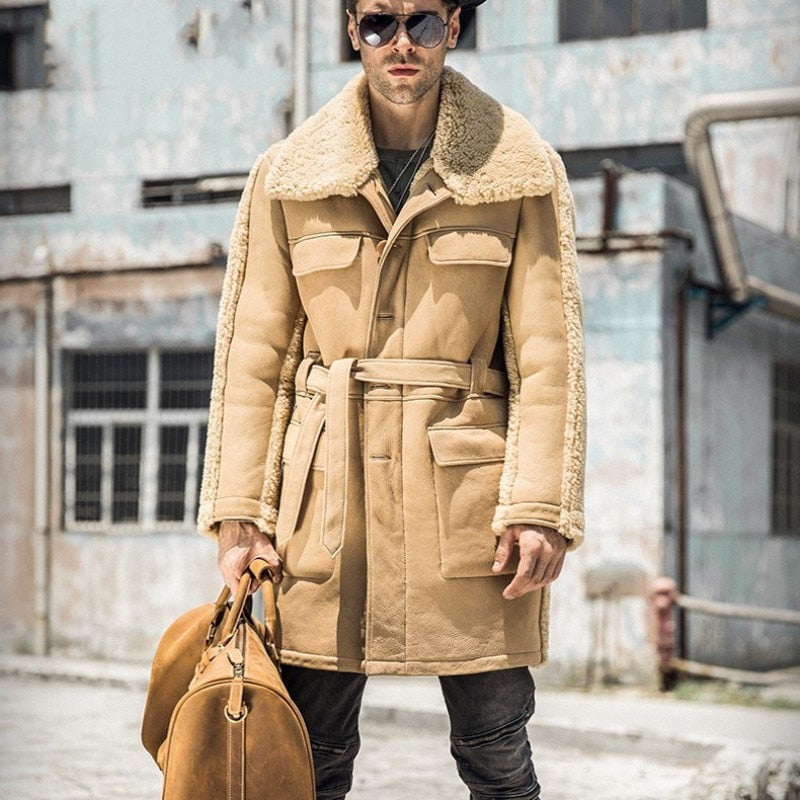 Mens Runway Natural Shearling Military Mid Long Coat Belted Khaki Real Lamb Wool Fur Overcoat Winter Warm Genuine Leather Jacket