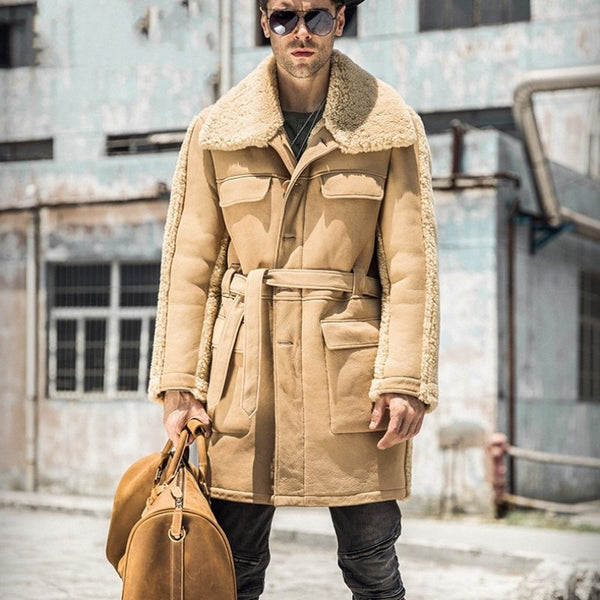 Mens Runway Natural Shearling Military Mid Long Coat Belted Khaki Real Lamb Wool Fur Overcoat Winter Warm Genuine Leather Jacket