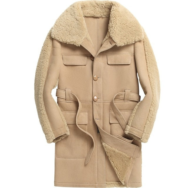 Mens Runway Natural Shearling Military Mid Long Coat Belted Khaki Real Lamb Wool Fur Overcoat Winter Warm Genuine Leather Jacket