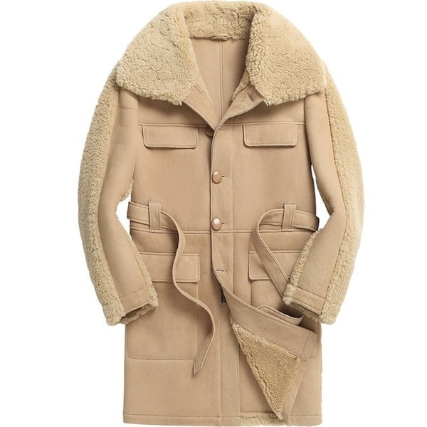 Mens Runway Natural Shearling Military Mid Long Coat Belted Khaki Real Lamb Wool Fur Overcoat Winter Warm Genuine Leather Jacket