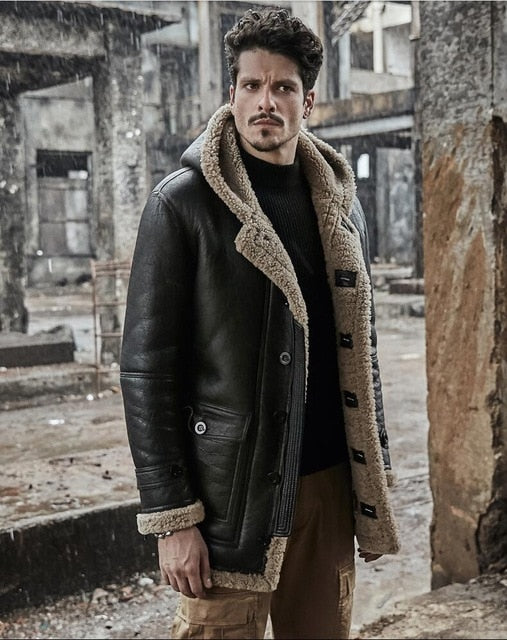 Men Winter Thicker Fur one Leather Jacket Hooded Long Sheepskin Leather Coat High-end Genuine Leather Outwear coats S-6XL
