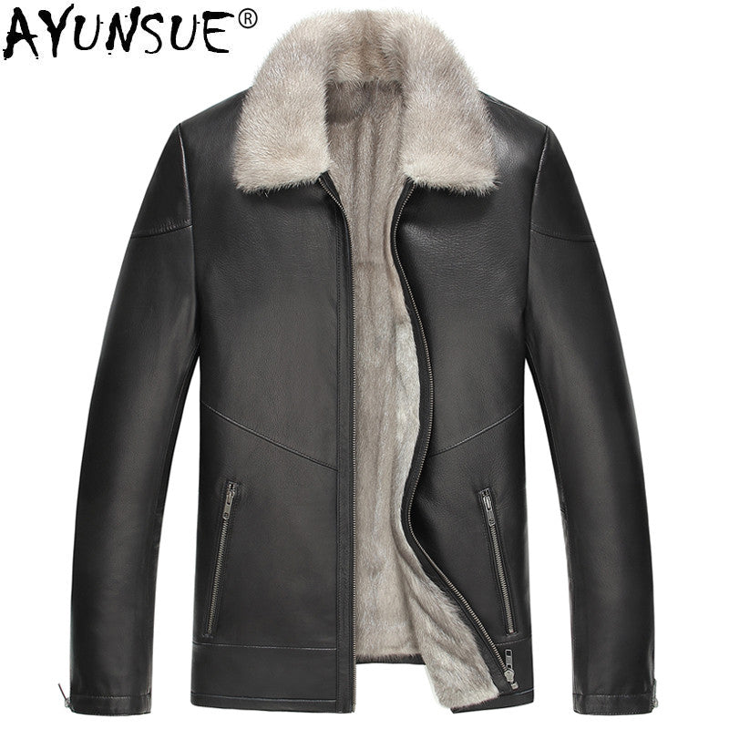 AYUNSUE Genuine Leather Jacket Men Natural Mink Fur Coat Winter Jacket Men Luxury Cow Leather Jackets Chaqueta LSY069068 MY1444